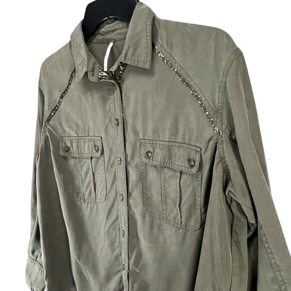 Free People Off Campus Shirt Womens XS Moss Green Tencel Metallic Boho Utility - Picture 3 of 16